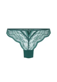 Grüner Spitzen-Bikini-Stil Damenunterwäsche mit floralem Muster und solidem Stoffzwickel auf weißem Hintergrund.