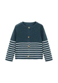 Stickad cardigan i mörk teal med vita horisontella ränder. Har rund halsringning, knappland och träknappar. Mjuk textur.