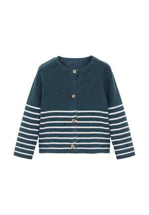 Cardigan lavorato a maglia in blu scuro con strisce orizzontali bianche. Presenta un collo rotondo, chiusura a bottoni e bottoni in legno. Texture morbida.