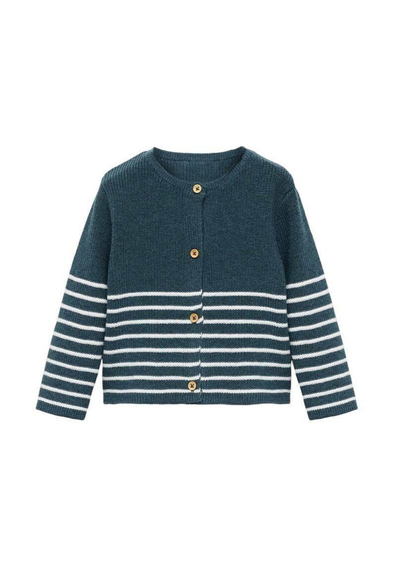 Stickad cardigan i mörk teal med vita horisontella ränder. Har rund halsringning, knappland och träknappar. Mjuk textur.