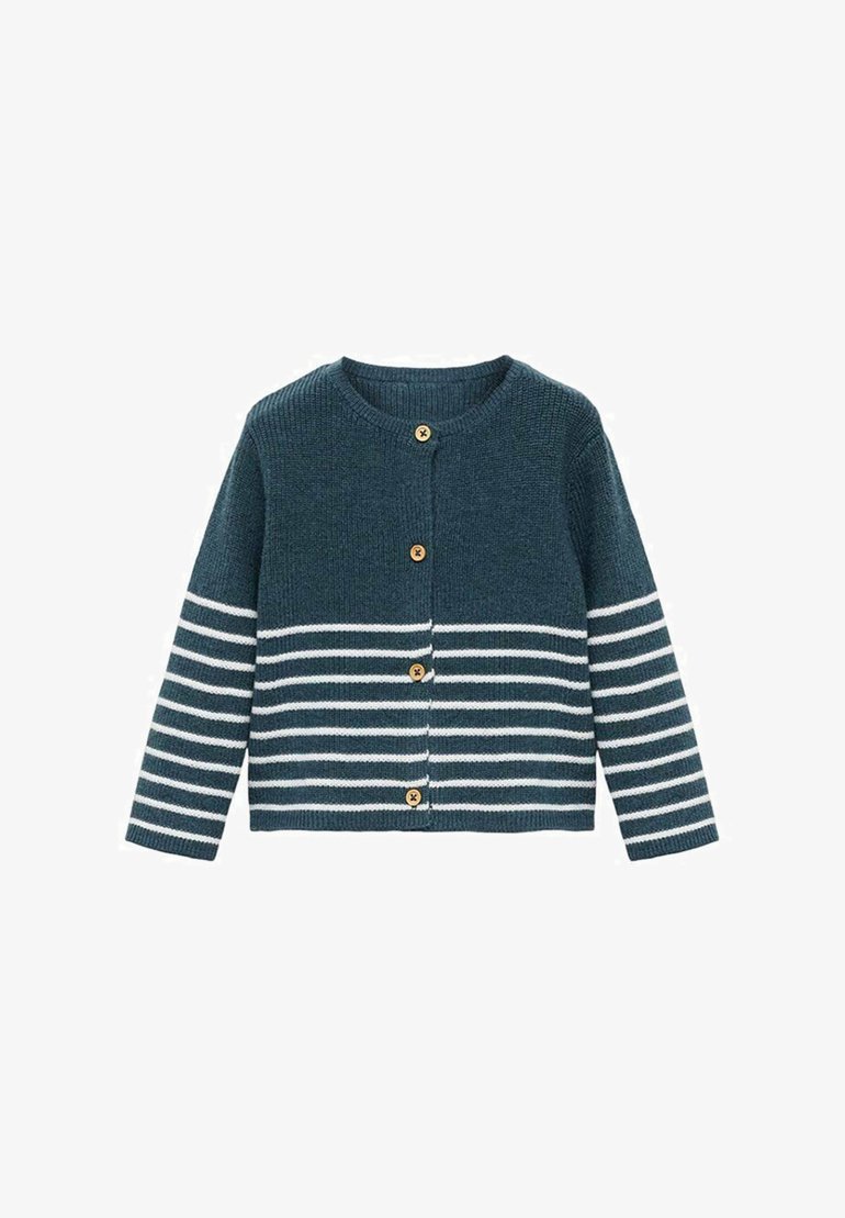Stickad cardigan i mörk teal med vita horisontella ränder. Har rund halsringning, knappland och träknappar. Mjuk textur.