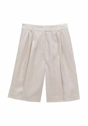 Beżowe, plisowane culottes wykonane z lekkiego materiału, z wysokim stanem i szerokimi nogawkami, o gładkiej teksturze i bez widocznych wzorów.