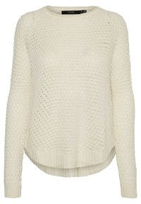 Pull en maille blanche avec un tissu texturé à motif en losanges, col rond, manches longues et ourlet légèrement arrondi.