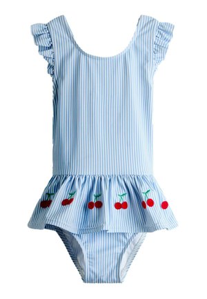 Modrý a biely pruhovaný jednodielny plavky bez rukávov s volánikovými ramienkami a výšivkou čerešní pozdĺž volánkovej sukne.