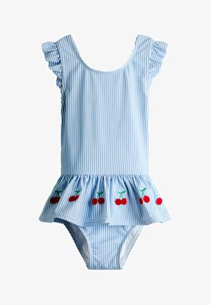 Bañador sin mangas a rayas azules y blancas con tirantes con volantes en los hombros y bordado de cerezas a lo largo de la falda con volantes.