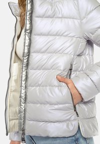Silberne Pufferjacke mit glänzender Oberfläche, horizontalem Steppmuster und zwei Seitentaschen. Verfügt über einen metallischen Reißverschluss und einen hohen Kragen.