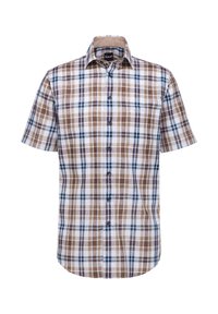 Camicia a maniche corte a quadri con controlli marroni, bianchi e blu, chiusura con bottoni e una piccola tasca sul petto. Realizzata in tessuto leggero.