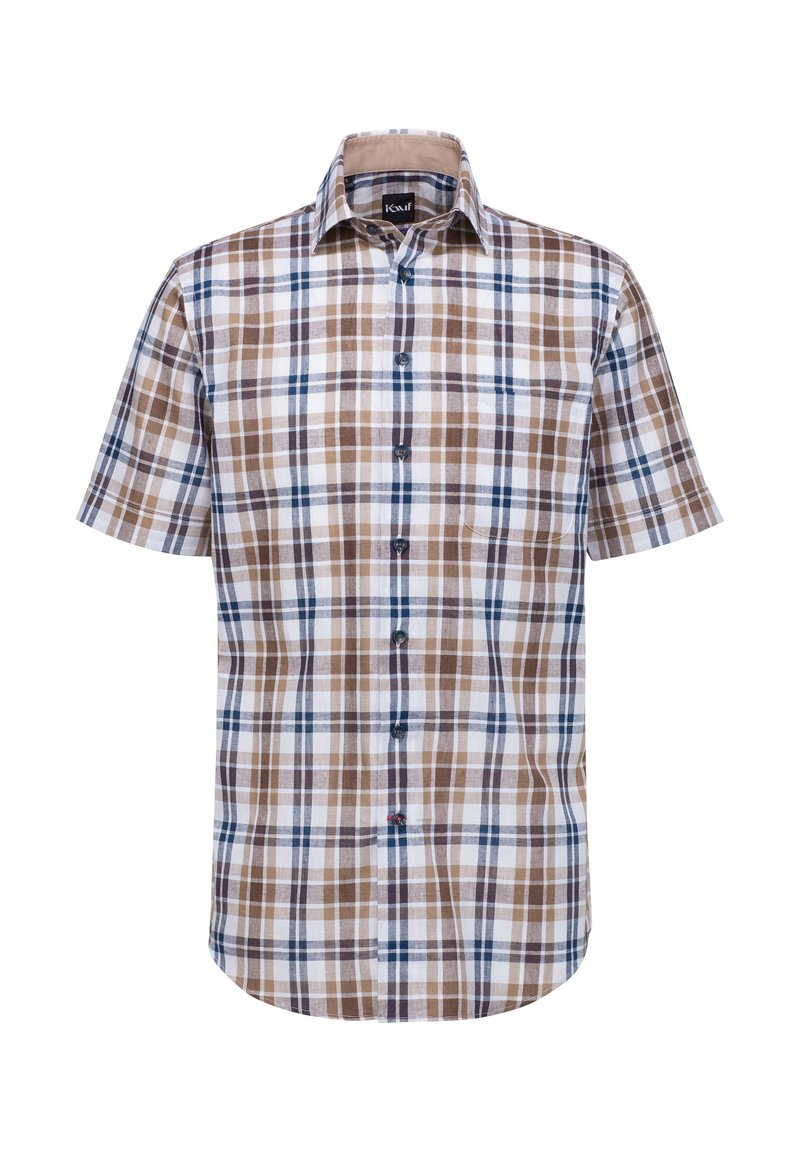 Camicia a maniche corte a quadri con controlli marroni, bianchi e blu, chiusura con bottoni e una piccola tasca sul petto. Realizzata in tessuto leggero.