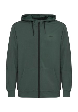 Zaļa kapuce ar rāvējslēdzēju, izgatavota no viegla auduma, ar priekšējo rāvējslēdzēju, divām sānu kabatām un regulējamu auklu kapuces.