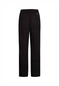 Pantalon noir à jambes larges avec une taille smockée et un tissu léger à texture subtile. Sans poches apparentes ni ornements.
