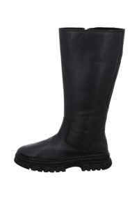 Black leather knee-high boot with a smooth texture, side zip, and chunky rubber sole for added traction. Sleek design with minimal stitching.