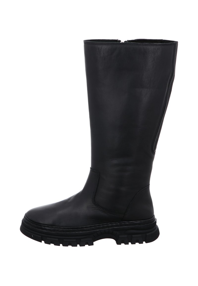 Black leather knee-high boot with a smooth texture, side zip, and chunky rubber sole for added traction. Sleek design with minimal stitching.