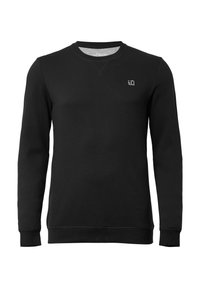 Black sweatshirt with long sleeves, crew neckline. Made of cotton blend, features a small logo on the chest, ribbed cuffs and hem.