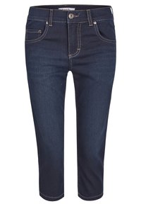 Tmavě modré džíny capri s rovný střih, designem s pěti kapsami a kontrastním prošitím. Zapínání na knoflík a zip. Měkká textura.