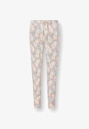 Schlanke Hosen mit elastischem Bund und Kordelzug, mit einem mehrfarbigen Blumen- und Paisley-Muster auf weißem Hintergrund.