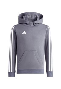 Sweatshirt à capuche gris avec des rayures blanches sur les manches, poche frontale et un logo sur la poitrine. Fabriqué en tissu doux et texturé.