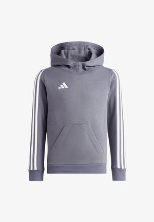 Felpa grigia con cappuccio e strisce bianche sulle maniche, tasca frontale e un logo sul petto. Realizzata in morbido tessuto testurizzato.