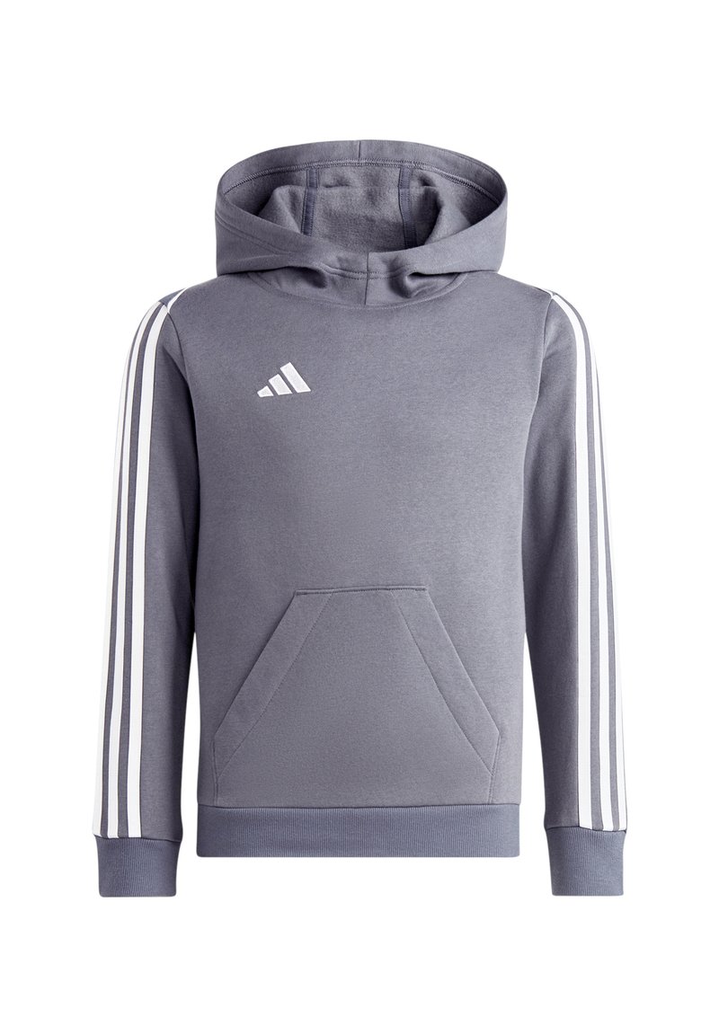 Sweatshirt à capuche gris avec des rayures blanches sur les manches, poche frontale et un logo sur la poitrine. Fabriqué en tissu doux et texturé.
