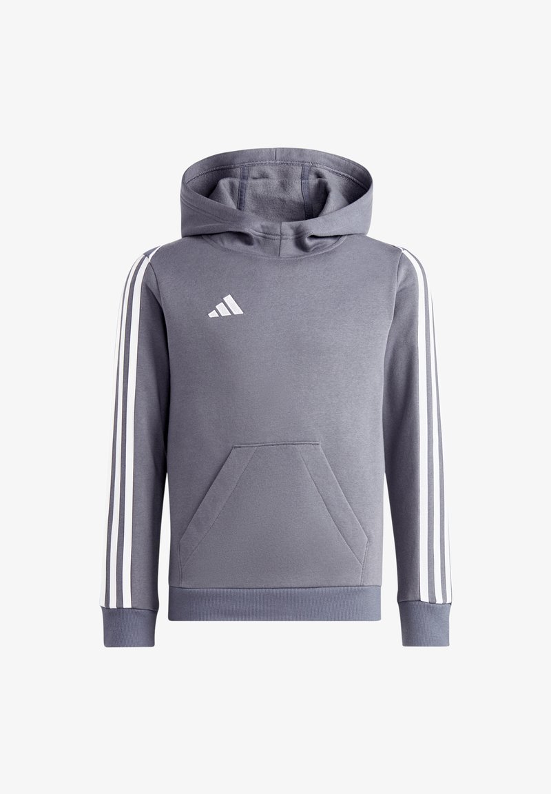 Gray hooded sweatshirt with white stripes on sleeves, front pocket, and a logo on the chest. Made from soft, textured fabric.