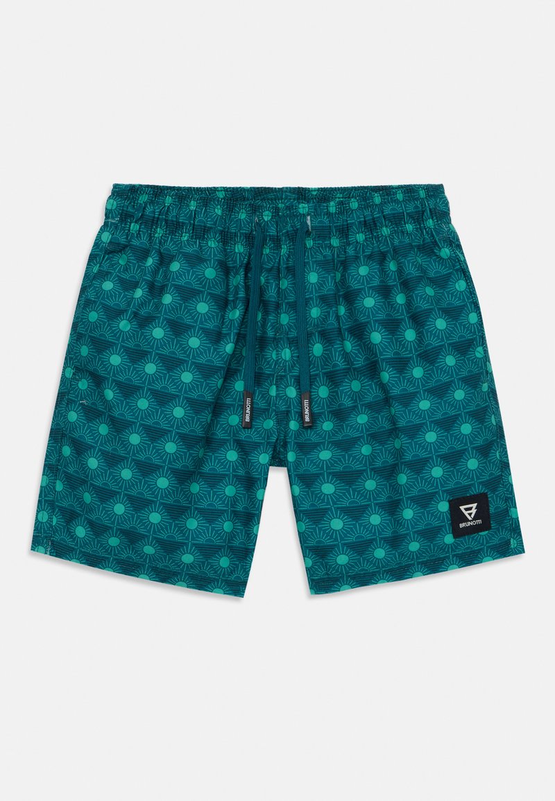 Turkio spalvos maudymosi šortai su geometriniu saulės raštu, elastinga juosmens juosta, reguliuojama raišteliu ir juodu ženklu kairėje apačioje.