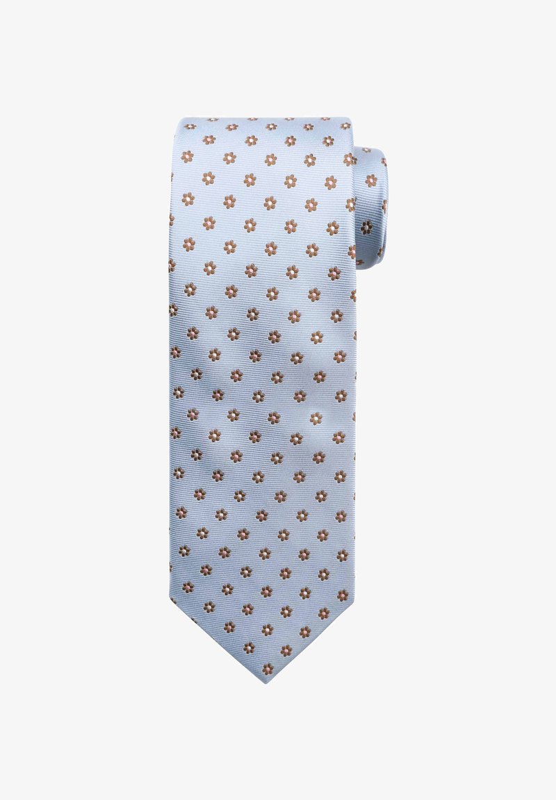 Lichtblauwe zijden stropdas met een patroon van kleine bruine bloemen, met een gladde textuur en een puntige uiteinde.