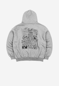 Gray hooded sweatshirt with black graphic resembling layered handwritten notes and sketches on the back.