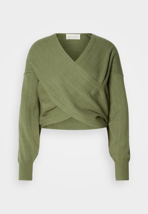 Zöld, rövidített pulóver, V nyakkivágással és átkötős dizájnnal. Bordázott textúrával és hosszú, szűkítő mandzsettával ellátott ujjak.