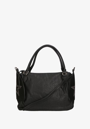 Sac à main noir en cuir texturé, doté de deux poignées, d'une bandoulière réglable et d'une poche latérale avec un détail en étoile clouté.