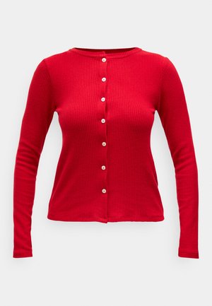 Red ribbed long-sleeve cardigan with round neckline and eight white buttons down the front.