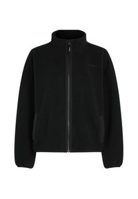 Fleece jacket in solid black with a high collar, full zipper, side pockets, and a textured finish. Features elasticized cuffs and hem.