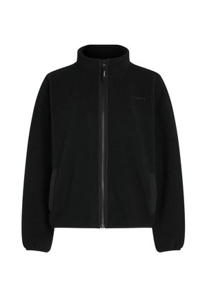 Giacca in felpa nera uniforme con collo alto, zip completa, tasche laterali e finitura testurizzata. Presenta polsini e orlo elasticizzati.