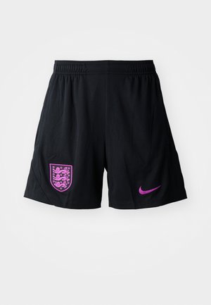 Pantalones cortos deportivos negros fabricados con material transpirable, con un emblema rosa y un logo de Nike rosa. Ligeros y con una cinturilla elástica.