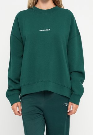 Osoba ubrana w ciemnozieloną, oversize'ową bluzę oraz pasujące spodnie z logo "PEGADOR" na klatce piersiowej i nogawkach.