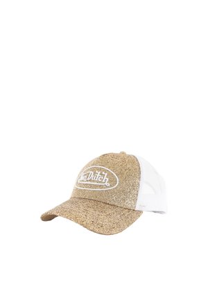 Gold glitter front baseball cap with white mesh back and white "Von Dutch" logo embroidered on the front panel.
