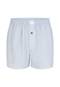 Boxer in cotone azzurro chiaro con vita elasticizzata, una patta con bottone davanti e un piccolo logo vicino alla cintura. Tessuto liscio.