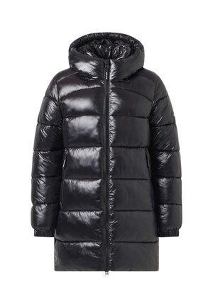 Lange zwarte glanzende gewatteerde winterjas met capuchon, ritssluiting aan de voorkant en ritszakken aan de zijkant, ontworpen voor warmte en buitenshuis dragen.