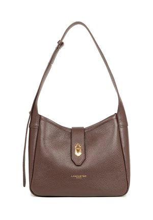 Brown leather shoulder bag with a pebbled texture, a top flap, and gold-tone hardware. Features a short, adjustable strap and logo detail.