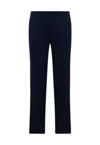 Pantaloni dritti blu navy con vita elastica, progettati per un abbigliamento casual o sportivo.