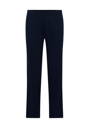 Marineblauwe rechte broek met elastische tailleband, ontworpen voor casual of sportieve kleding.