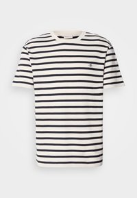 Short-sleeve T-shirt in cream and navy stripes, made of cotton. Features a ribbed neckline and a small embroidered logo on the chest.