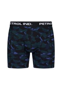 Tmavé šortky s kamuflážním vzorem v odstínech zelené a námořnické modré. Elastický pas s logem "PETROL IND." Měkká tkanina, úzký střih.