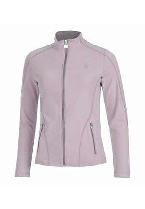 Hellviolette Jacke mit durchgehendem Reißverschluss, Stehkragen, langen Ärmeln, zwei vorderen Reißverschlusstaschen und dezentem Logo auf der Brust.