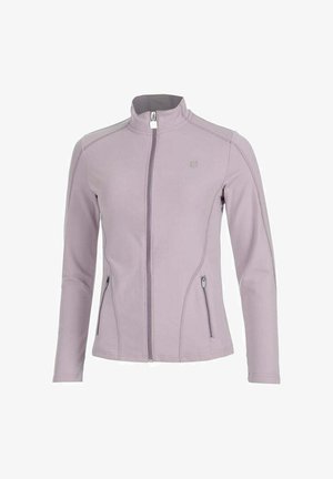 Veste à fermeture éclair complète de couleur violet clair, avec col montant, manches longues, deux poches avant zippées et un logo discret sur la poitrine.