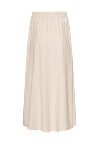 Beige linnen midi rok met een elastische taille en een ontspannen, A-lijn silhouet. Gladde textuur en lichtgewicht stof.