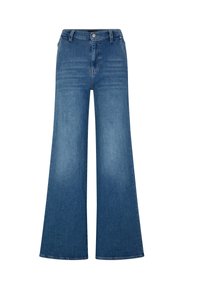 Wide-leg denim jeans in medium blue, featuring traditional five-pocket design, a button closure, and faded texture.
