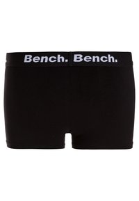 Fekete boxer alsónadrág rugalmas anyagból, széles elasztikus derékpánttal, fehér színű "Bench." logóval. Simább textúra, feszes szabás.
