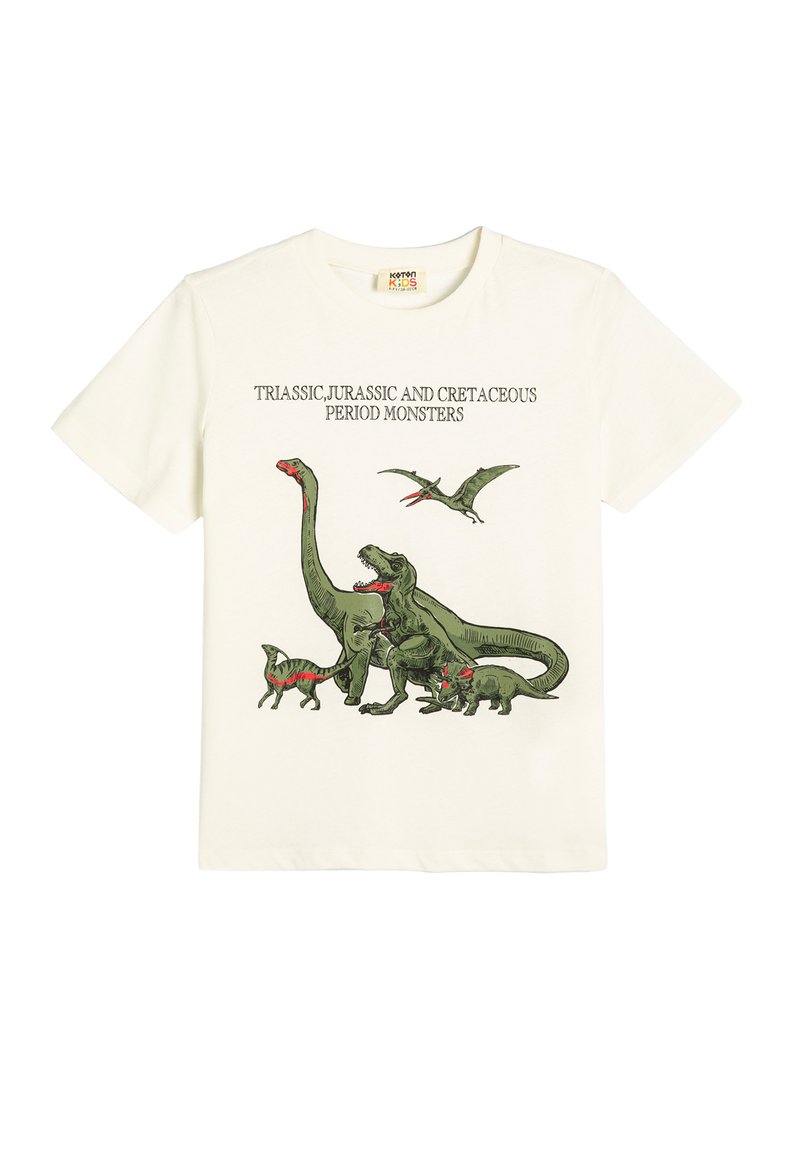 T-shirt z krótkim rękawem w kolorze kremowym z grafiką dinozaura w odcieniach zieleni i czerwieni, z napisem: „Potwory z okresu triasu, jura i kredy.”