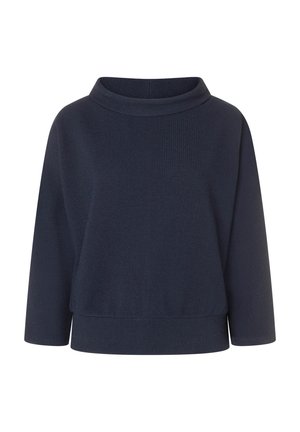 Marineblauer, gestrickter Pullover mit einem hohen, breiten Kragen und dreiviertellangen Ärmeln. Hat eine lockere Passform und einen gerippten Saum.