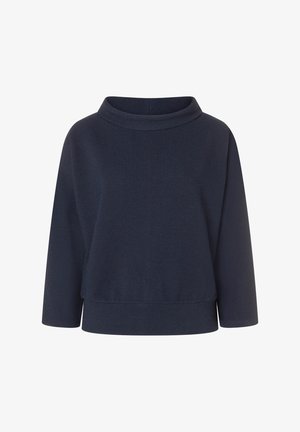 Marineblauer, gestrickter Pullover mit einem hohen, breiten Kragen und dreiviertellangen Ärmeln. Hat eine lockere Passform und einen gerippten Saum.