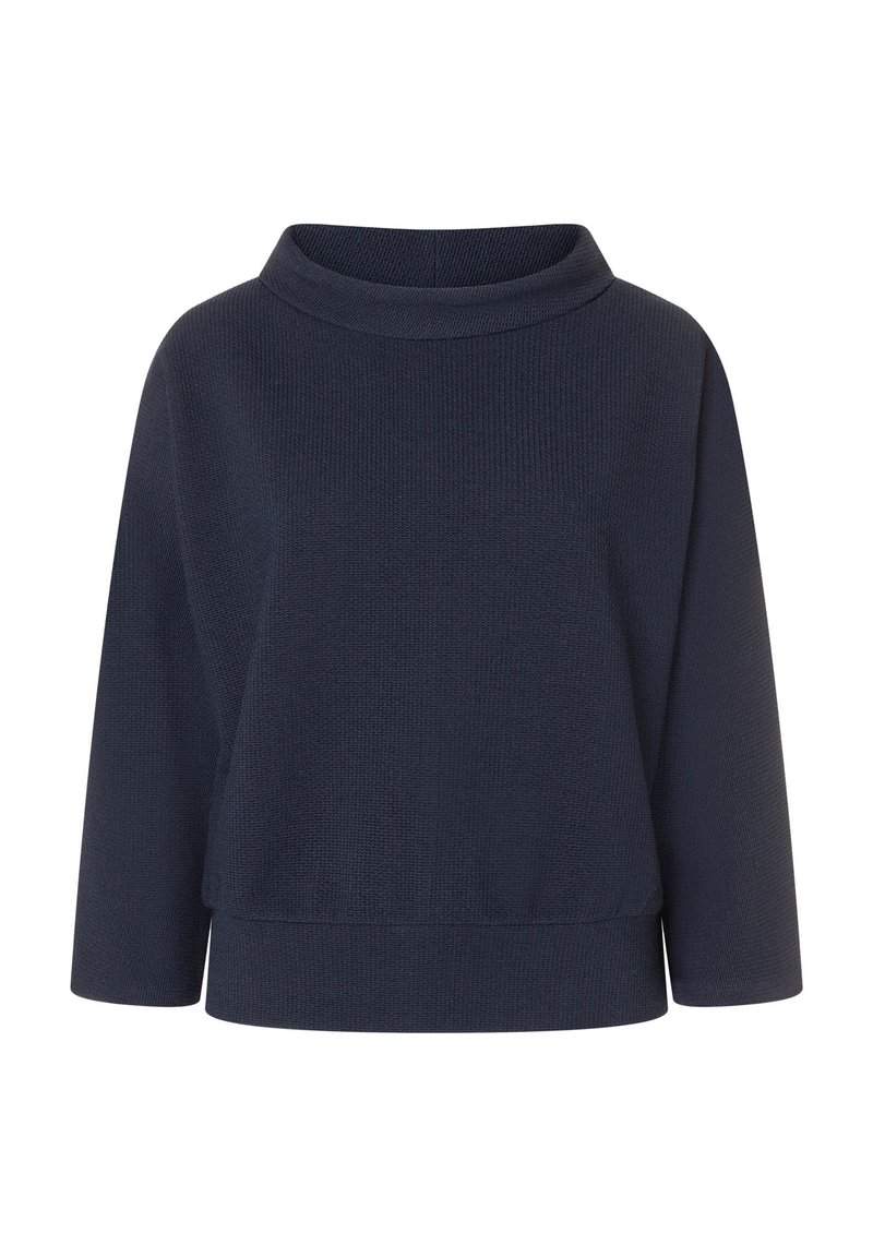 Marineblauer, gestrickter Pullover mit einem hohen, breiten Kragen und dreiviertellangen Ärmeln. Hat eine lockere Passform und einen gerippten Saum.